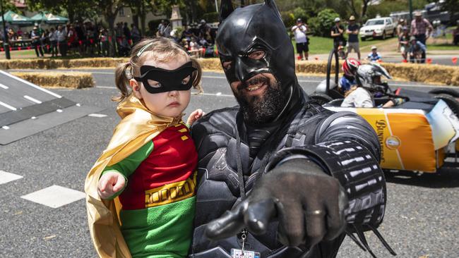 Batman and Robin aka Elsie Gale and dad Doug Gale at the Greenmount Billy Kart Challenge, Saturday, November 23, 2024. Picture: Kevin Farmer