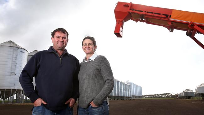 Matthew and Rachel Hinkley on their Derrinallum property. Picture: Andy Rogers