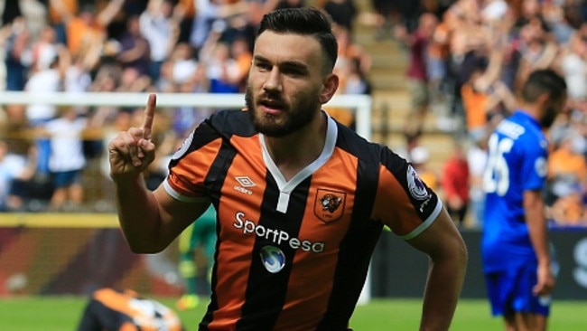 Hull City midfielder Robert Snodgrass celebrates after scoring against Leicester.