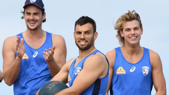 Tom Boyd, Sam Lloyd and Bailey Smith at Bulldogs training in Torquay.