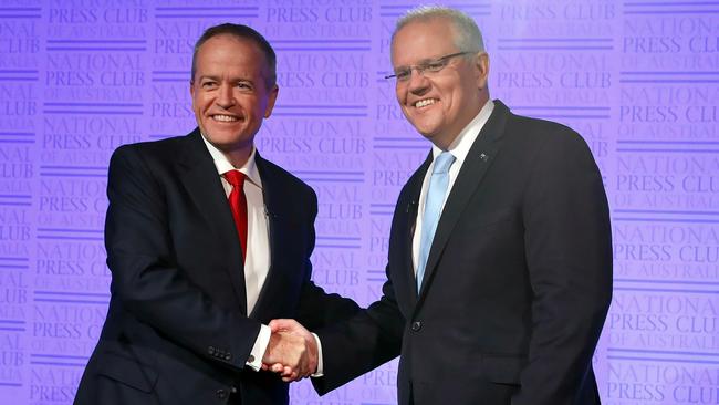 Prime Minister Scott Morrison and Labor leader Bill Shorten shake hands at the start of The Leaders' Debate' at the National Press Club on May 8.