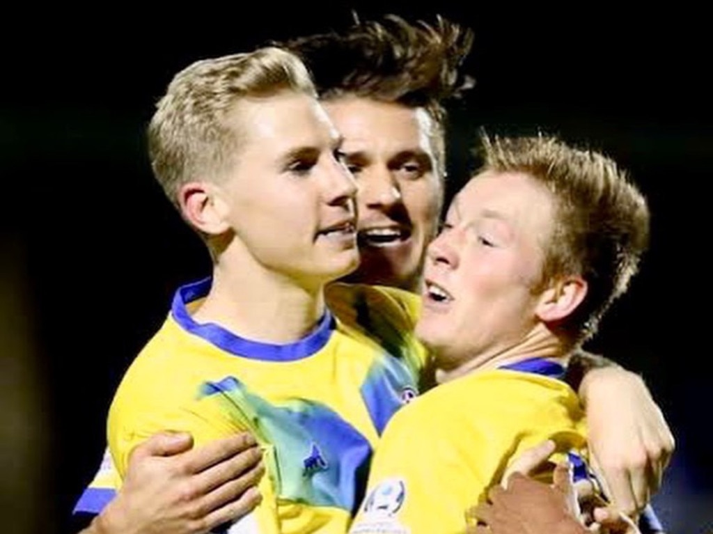 Matt Thurtell (left) pictured during his days at the Brisbane Strikers. Picture: Football Queensland.