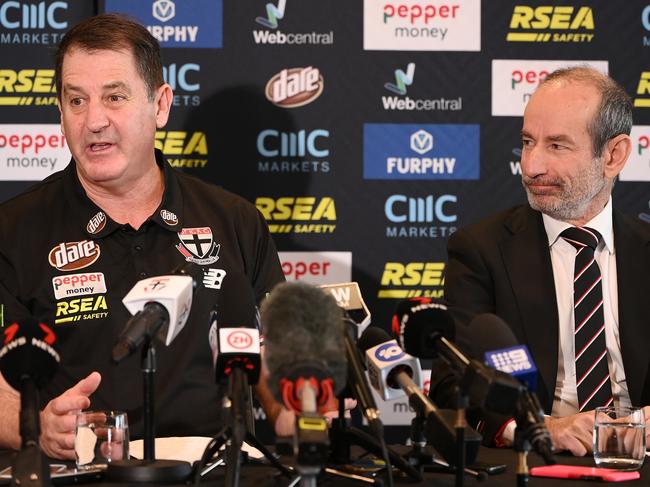 MELBOURNE, AUSTRALIA - OCTOBER 24: Ross Lyon the new coach of the Saints and club president Andrew Bassat speak to the media during a St Kilda Saints AFL press conference at RSEA Park on October 24, 2022 in Melbourne, Australia. (Photo by Quinn Rooney/Getty Images)