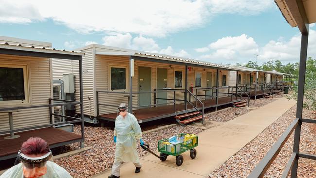 A swabbing team conducting Covid tests at the quarantine facility at Howard Springs. Picture GLENN CAMPBELL