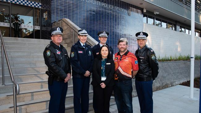 A smoking ceremony was held at the new Mt Druitt police station today as preparations get underway to open the facility to the public this week. Pictured: Inspector Scott Smith, Acting Superintendent Gemini Bakos, Detective Inspector Paul Tickner, Police Area Manager Teresa Hubble, Darug Elder Lex Dadd, Assistant Commissioner Mark Jones of the North West Metropolitan Region. Picture: BGIS