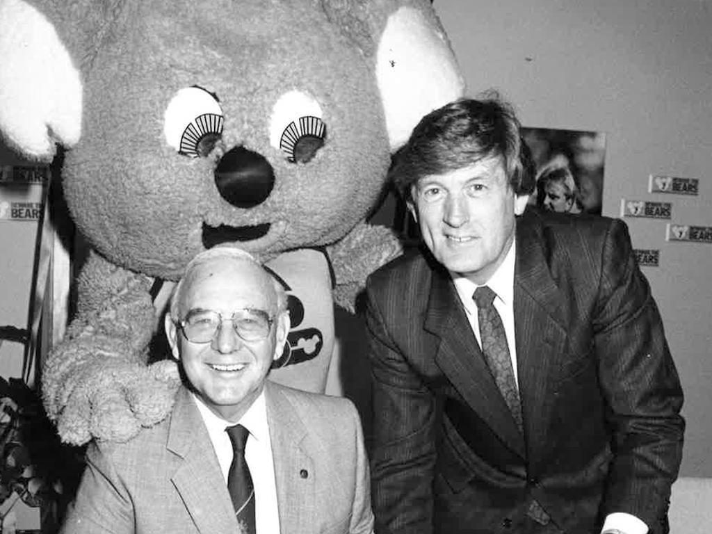 Councillor Bill Laver with Paul Cronin, the Brisbane Bears Chairman, signing a contract to call Carrara and the Gold Coast home instead of the Queensland capital. Picture: The Courier-Mail Photo Archive