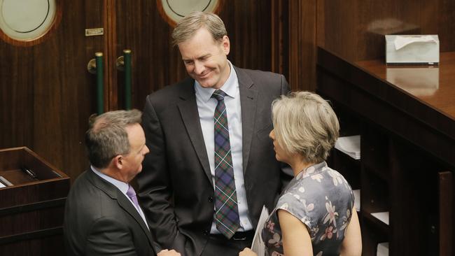 Michael Ferguson chats with David O'Byrne and Rosalie Woodruff in State Parliament yesterday ahead of the vote. Picture: MATHEW FARRELL