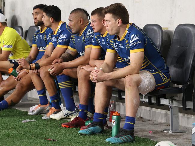 SYDNEY, AUSTRALIA - SEPTEMBER 16:  Tom Opacic of the Eels watches the game from the bench during the NRL Semi Final match between the Parramatta Eels and the Canberra Raiders at CommBank Stadium on September 16, 2022 in Sydney, Australia. (Photo by Mark Kolbe/Getty Images)