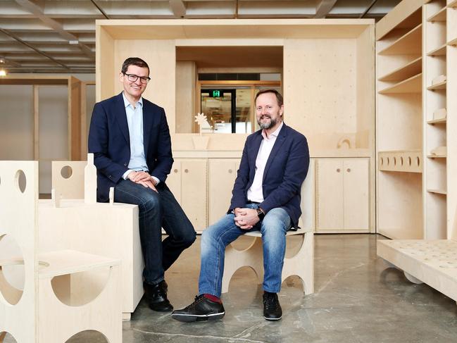 University of Sydney Professor Mathew Aitchison and Lendlease's Daryl Patterson inside the “lego house” prototype.  Picture: Tim Hunter.