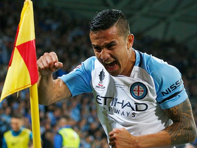 Tim Cahill celebrates scoring a goal for Melbourne City. Picture: Getty Images