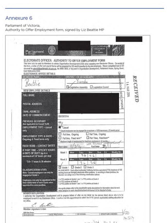 An employment form that is in the Ombudsman's report into the Labor red shirts saga