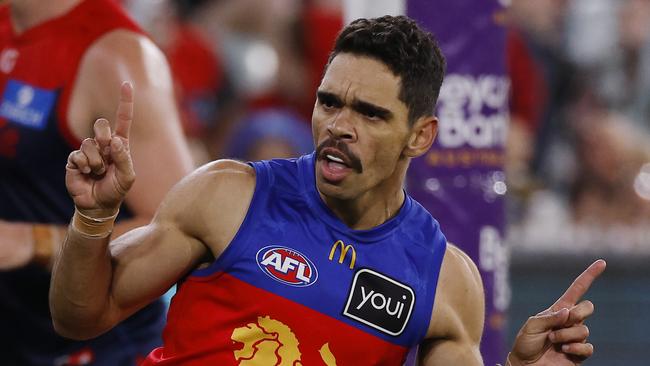 MELBOURNE , AUSTRALIA. April 11, 2024.  AFL . Round 5 . Melbourne vs Brisbane at the MCG.  Brisbanes Charlie Cameron celebrates a 4th qtr goal    . Pic: Michael Klein