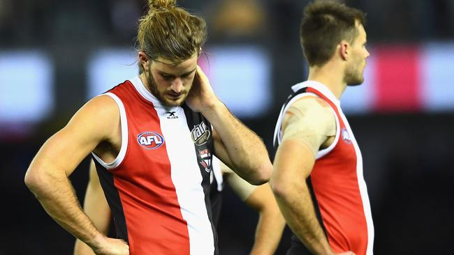 Josh Bruce and Nathan Brown after the loss to Essendon.