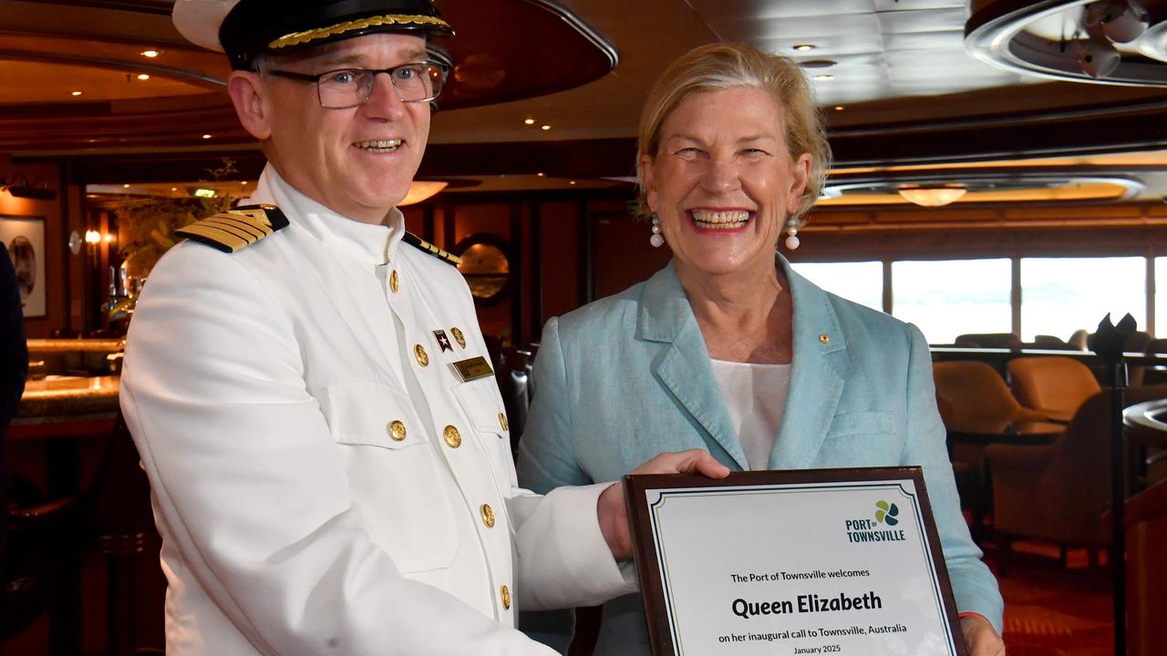 Queen Elizabeth at Townsville Port. Ship's captain Stephen Howarth with Townsville Port chair Ann Sherry. Picture: Evan Morgan