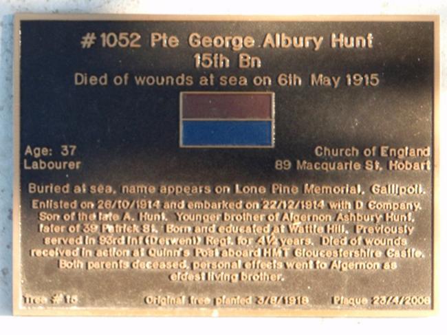 George Hunt’s plaque on the Soldiers' Memorial Avenue in Hobart