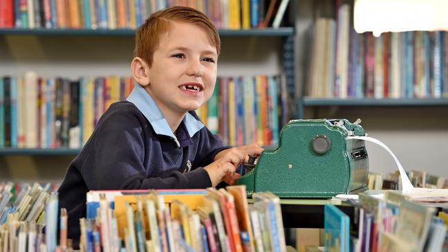 St Michael’s Primary School student Jacob Butler uses his braille typewriter. Picture: Troy Snook