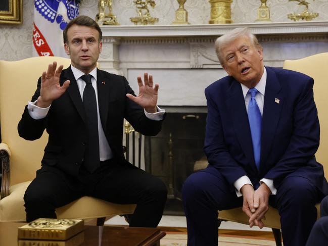 US President Donald Trump meets with French President Emmanuel Macron in the Oval Office. Mr Trump said the Ukraine war could end “within weeks”. Picture: AFP