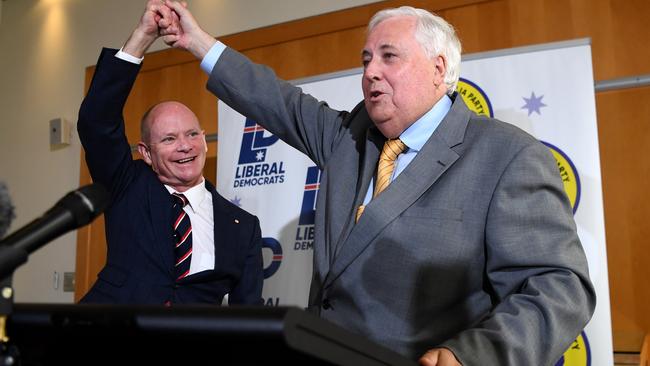 Political frenemies … Liberal Democrats Senate candidate and former Queensland premier Campbell Newman and United Australia Party’s Clive Palmer announce their preferencing deal for the federal election in Brisbane. Picture: Dan Peled