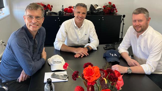 University of Adelaide vice-chancellor and president Professor Peter Hoj, Premier Peter Malinauskas, University of South Australia vice-chancellor and president Professor David Lloyd. Meeting in room at South Australia Suite, VALO Adelaide 500, on Sunday at 4pm. Picture: Paul Starick