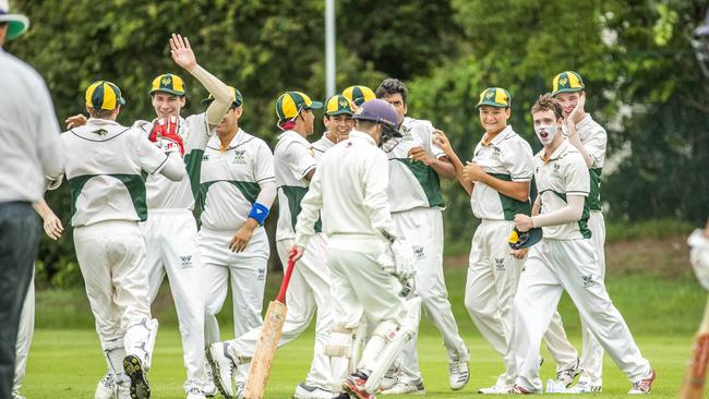 Villanova celebrate a wicket in the AIC First XI cricket match between Villanova College and Marist College Ashgrove. (AAP Image/Richard Walker)