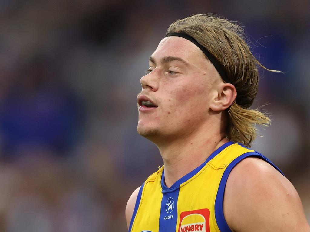 Harley Reid of the Eagles looks on during the 2024 AFL Round 12 match between the West Coast Eagles and the St Kilda Saints at Optus Stadium on June 01, 2024 in Perth, Australia. (Photo by Will Russell/AFL Photos via Getty Images)