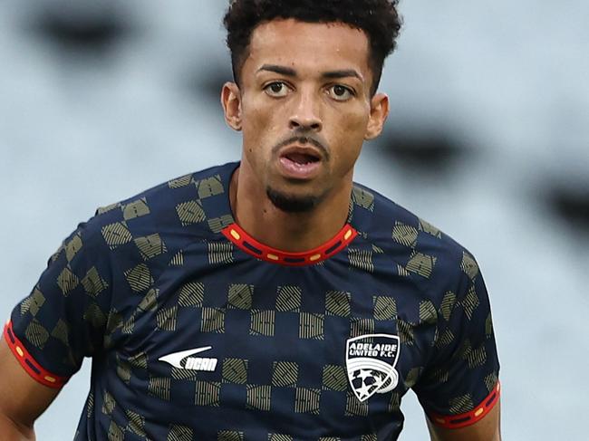 SYDNEY, AUSTRALIA - JANUARY 06: Ben Folami of Adelaide United warms up before the round 12 A-League Men match between Macarthur FC and Adelaide United at Campbelltown Stadium on January 06, 2025, in Sydney, Australia. (Photo by Matt Blyth/Getty Images)