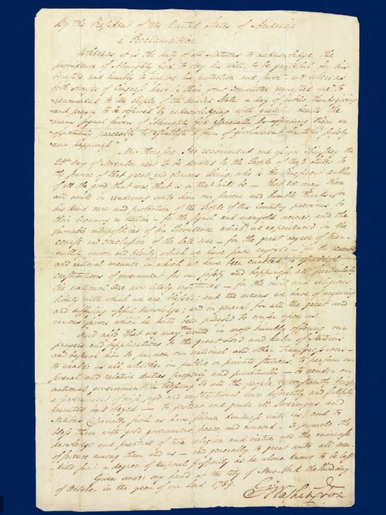 Washington's Thanksgiving Proclamation is up for sale for $23m. Picture: Moments In Time.