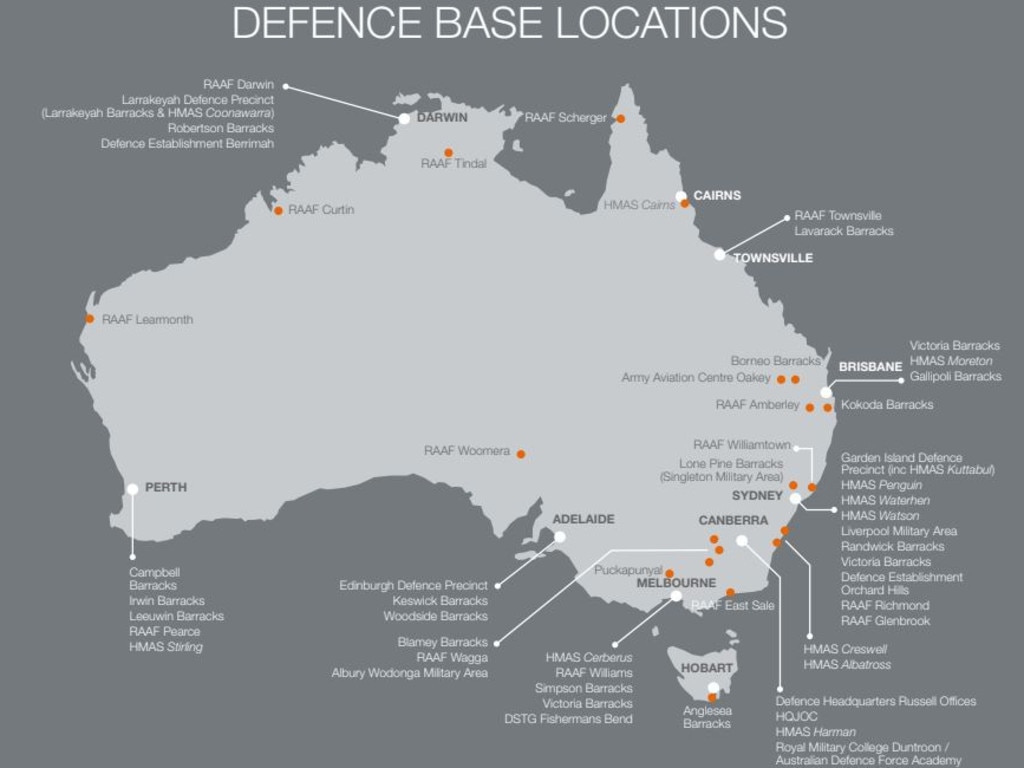 A map from the 2020-21 Defence Annual report showing the locations of Australia's defence bases. Supplied: Defence