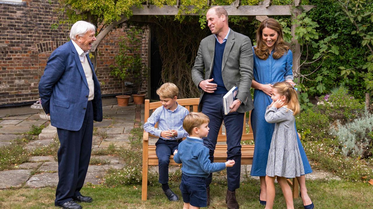 The Cambridges with Sir David Attenborough after an outdoor screening of Sir David's upcoming feature film on climate change. Picture: KENSINGTON PALACE / AFP.