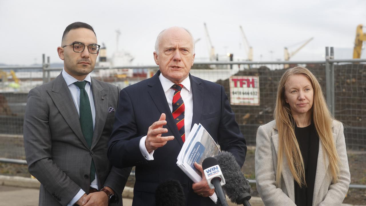 Simon Behrakis Liberal member for Clark with Minister for Business Industry and Resources Eric Abetz and Anne Beach CEO Macquarie Point Development Corporation at the Macquarie Point Precinct in relation to stadium plans released. Picture: Nikki Davis-Jones