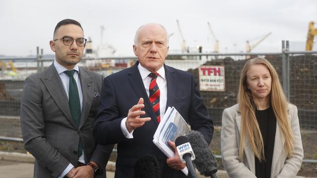 Simon Behrakis Liberal member for Clark with Minister for Business Industry and Resources Eric Abetz and Anne Beach CEO Macquarie Point Development Corporation at the Macquarie Point Precinct in relation to stadium plans released. Picture: Nikki Davis-Jones