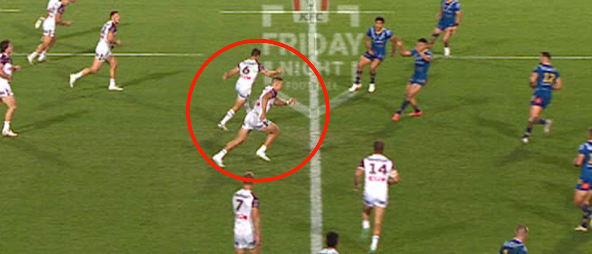 Tom Trbojevic appeared to be offside before a play in which the Eels' Will Penisini got sin binned. Picture: Supplied