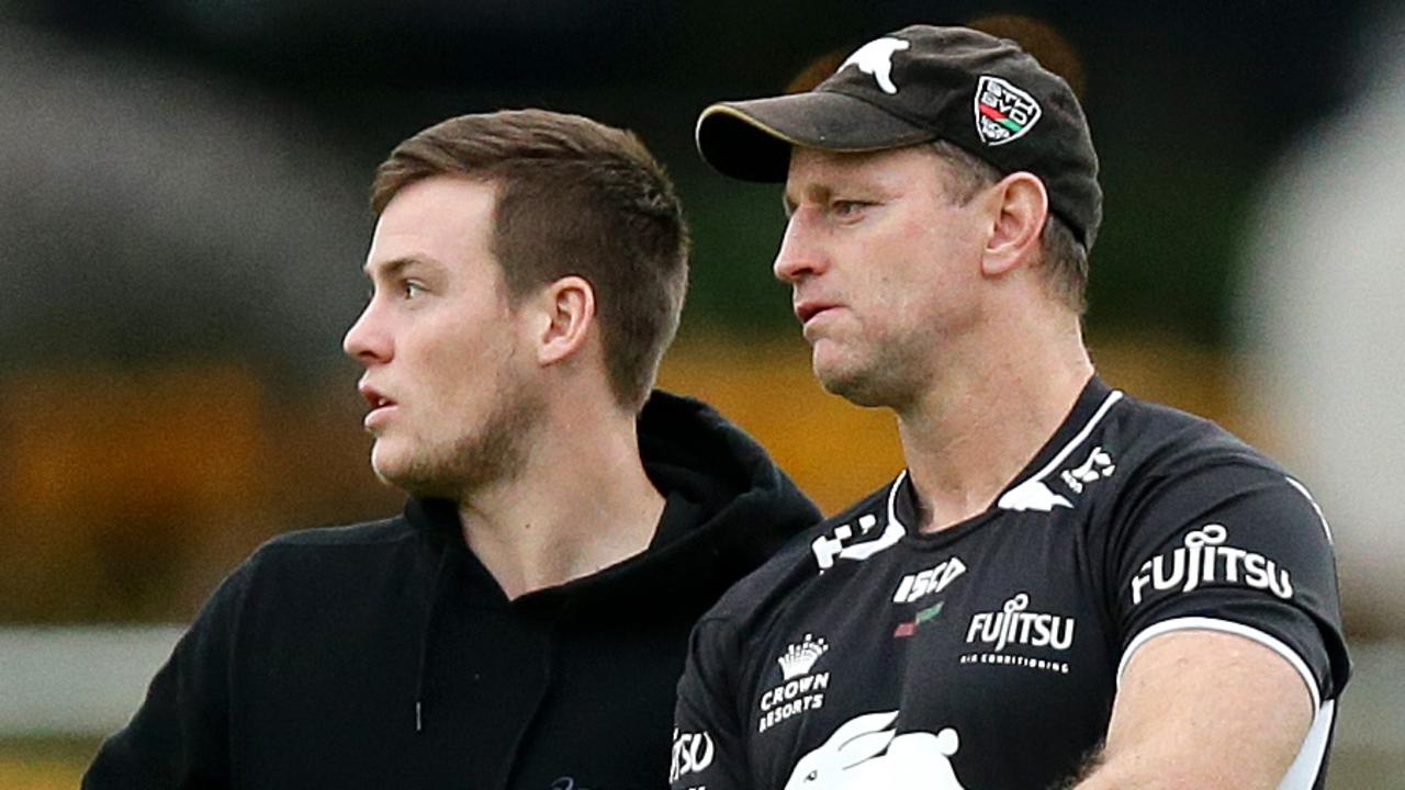 Luke Keary and Michael Maguire during their time at the Rabbitohs. Picture: Gregg Porteous