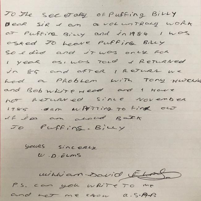 A letter from abuse victim William Elms asking to work at Puffing Billy again.