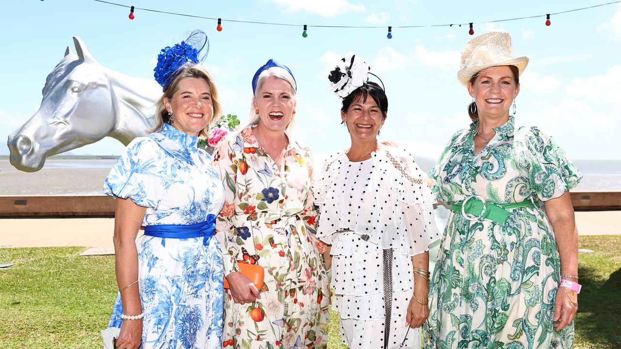 Alison Trompf, Kylie Richardson, Tracey Berg and Jo Murphy at the Cairns Amateurs High Tea, held under the waterfront marque on the Cairns Esplanade Eastern Events lawn. Picture: Brendan Radke