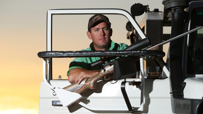 Heath Tippet, a part-time professional shooter for Macro Meats, on a property near Burra. Picture: Tait Schmaal.