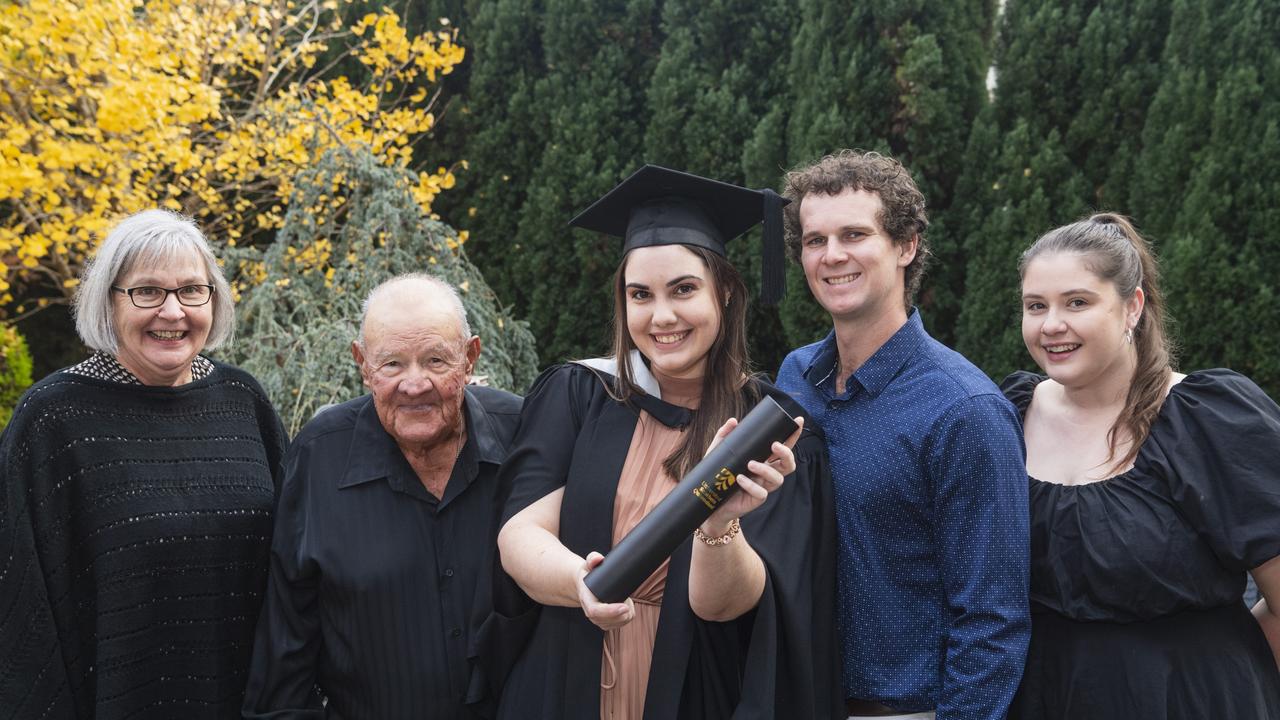 Graduate Maxine Clanchy (Bachelor of Business) with (from left) Delmae Clanchy, John Clanchy, Jeffery O'Brien and Ainsley Clanchy at a UniSQ graduation ceremony at The Empire, Tuesday, June 25, 2024. Picture: Kevin Farmer