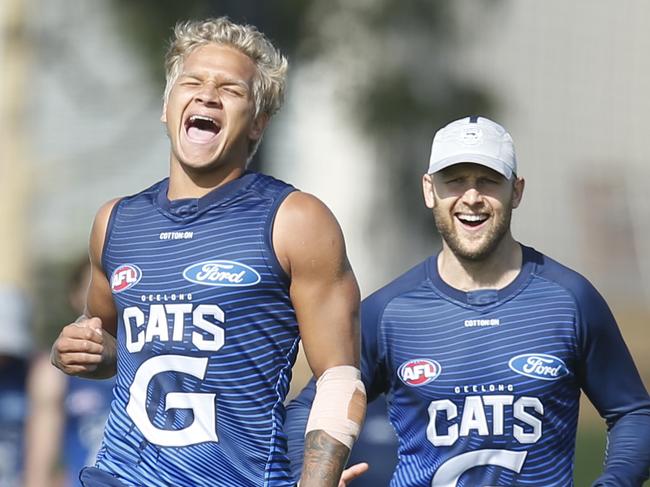 Friendly running rivalry between Quinton Narkle and Gary Ablett.  Geelong Cats training at Deakin UniversityÕs Elite Sports Precinct. Picture: Alan Barber