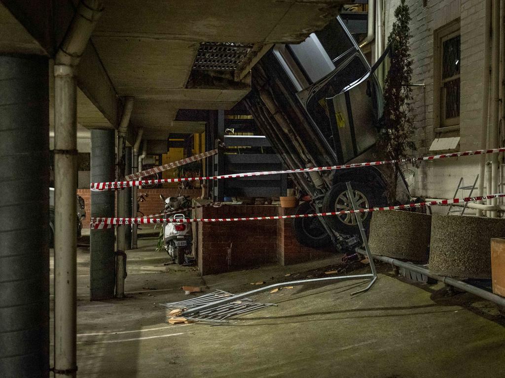 The wedged car at Queens Road, Melbourne. Picture: Jake Nowakowski