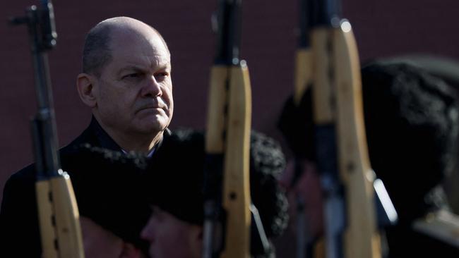 German Chancellor Olaf Scholz keeps his thoughts to himself during a visit to Moscow on Tuesday. Picture: AFP