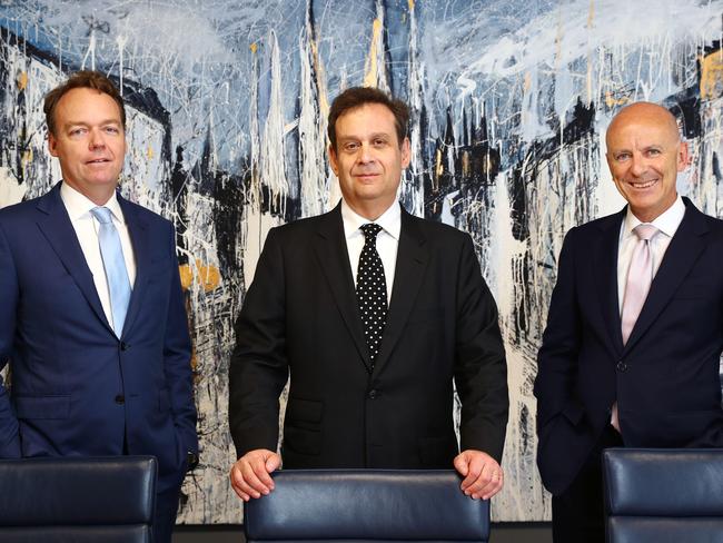 30/1/19: L to R..Andrew Low (with hair) Chairman, CLSA Australia, CLSA global CEO Jonathan Slone and Mark Dorney (bald) Head of Investment Banking, Australia at their Sydney offices. John Feder/The Australian.