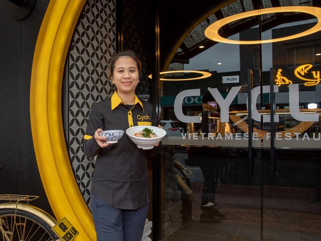 Co-owner of the popular eatery Cyclo, Trang Nguyen, outside its new Moonah location. Picture: Linda Higginson