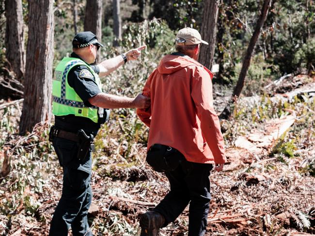 Bob Brown arrested by Tasmania Police at logging coupe in Eastern Tiers. Picture: Bob Brown Foundation