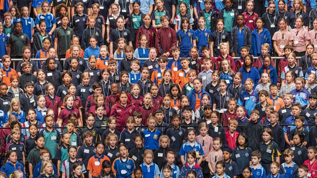 Students from Withcott SS, Gabbinbar SS, Highlands Christian College, Grantham SS, Glenvale Christian School, Toowoomba East SS, St Thomas More's, Meringandan SS, Sacred Heart, St Saviour's, Toowoomba Anglican School and Middle Ridge SS on stage for day three of Sing Out 2024 massed choir at The Empire, Thursday, June 6, 2024. Picture: Kevin Farmer