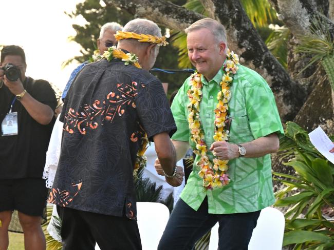 AustraliaÃ¢â¬â¢s Prime Minister Anthony Albanese dances before receiving a gift during a welcome ceremony the Pacific Islands Forum (PIF) in Aitutaki, Cook Islands, Wednesday, November 8, 2023. (AAP Image/Mick Tsikas) NO ARCHIVING