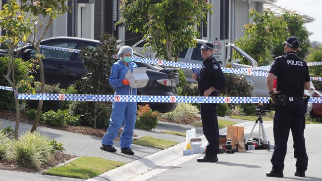 Police at the murder scene in Cox St, Pimpama, where bikie Shane Bowden was gunned down. Picture: Glenn Hampson.