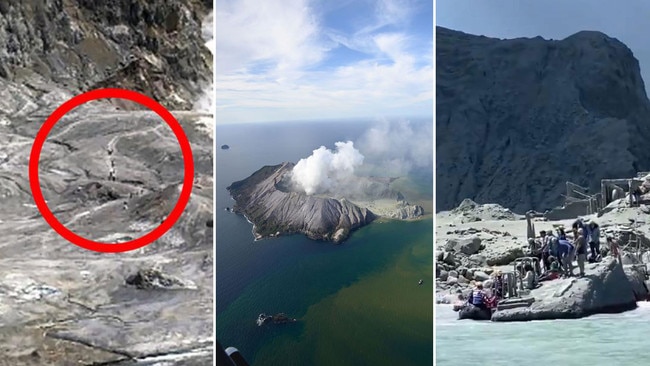 Pictures show climbers at the crater of Whakaari volcano, right, just before it erupted; the Whakaari just after the eruption, and tourists on the island waiting for rescue. Pictures: GeoNet/NZ Herald/Michael Schade