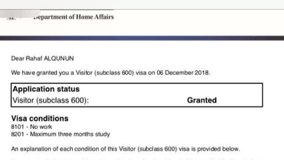 Part of Rahaf Mohammed Alqunun’s visa from Australian Home Affairs. 