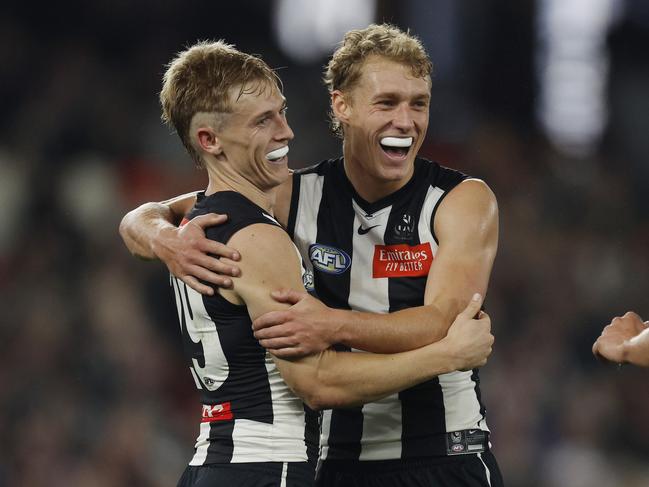MELBOURNE , AUSTRALIA. May 11 , 2024.  AFL Round 10 . Collingwood vs West Coast Eagles at Marvel Stadium.    Finlay Macrae of the Magpies celebrates a 2nd quarter goal with Joe Richards  . Pic: Michael Klein
