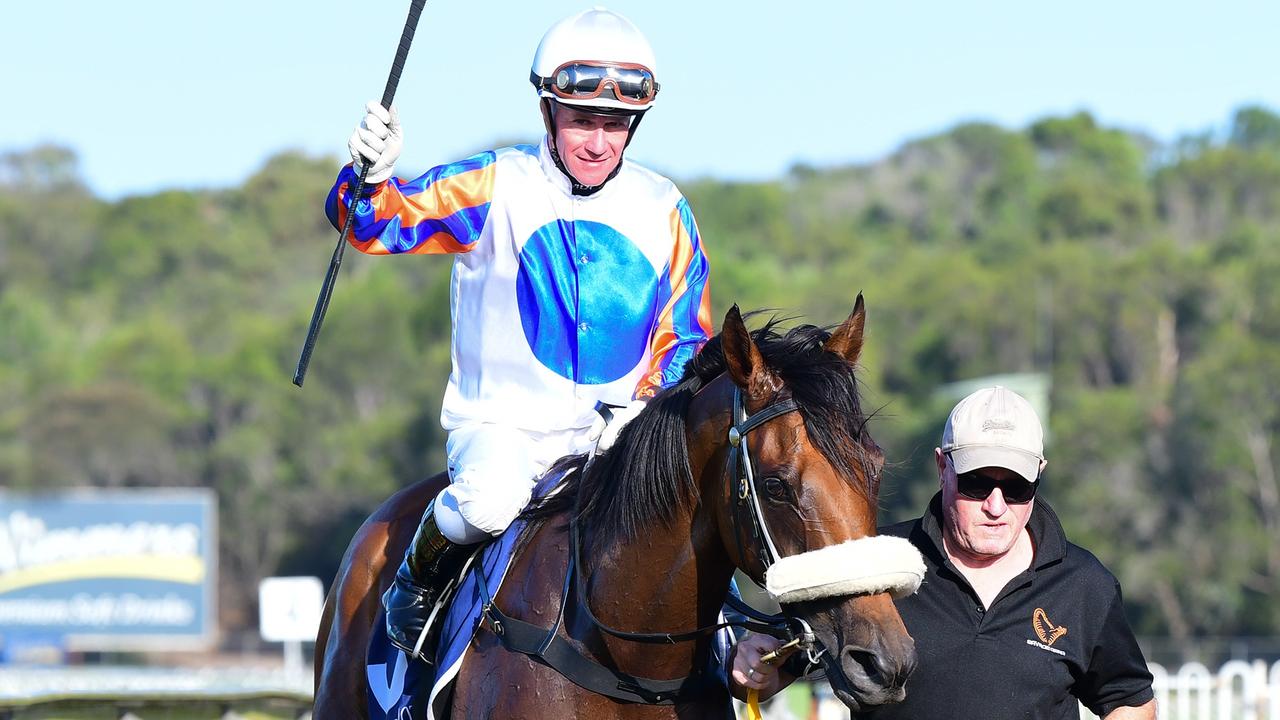 Supplied Editorial Hail Manhattan wins the Mooloolaba Cup under jockey Mark Du Plessis
  at the Sunshine Coast. Picture: Grant Peters - Trackside Photography.